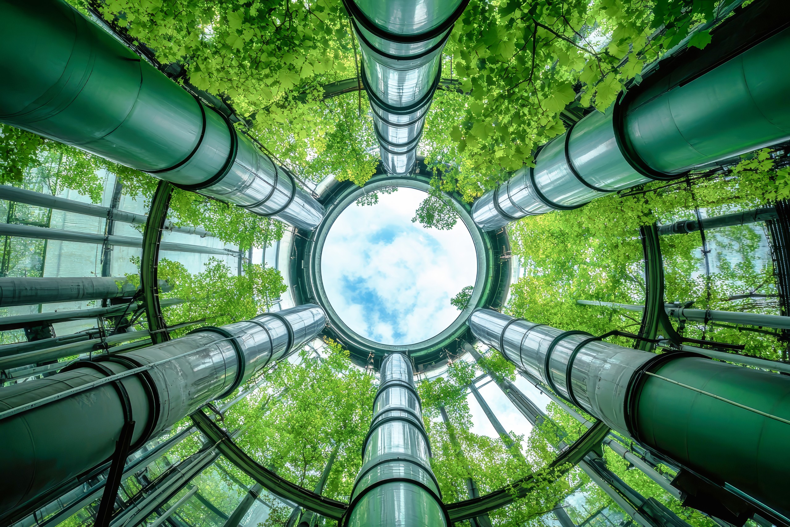 Blick nach oben durch einen kreisförmigen Glasturm mit vertikalen gläsernen Aufzugsrohren und grünen Bäumen, offen zum Himmel.